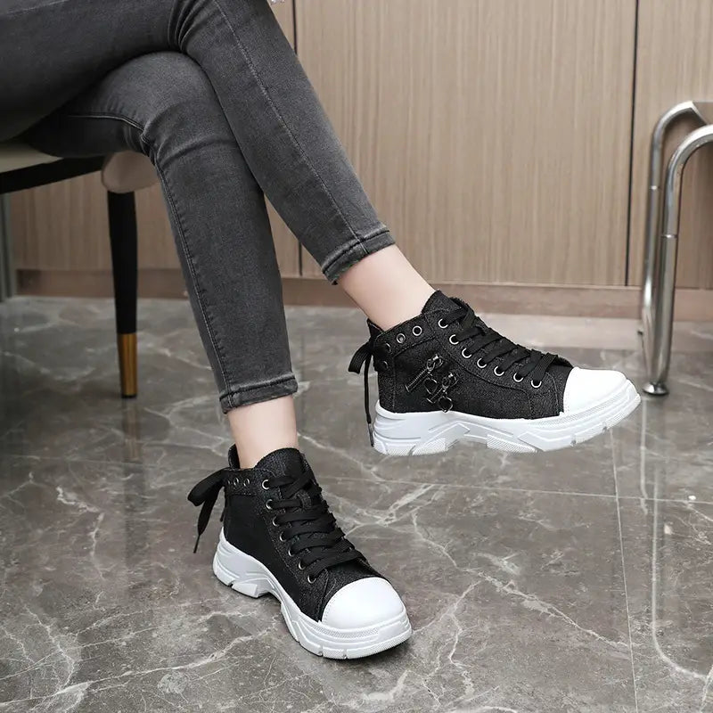 Women's Platform Trainers with Raised Sole, Lacing and Side Zip