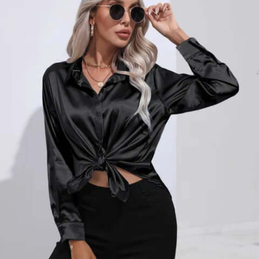 Women's Satin Loose Fit Long Sleeve Blouse