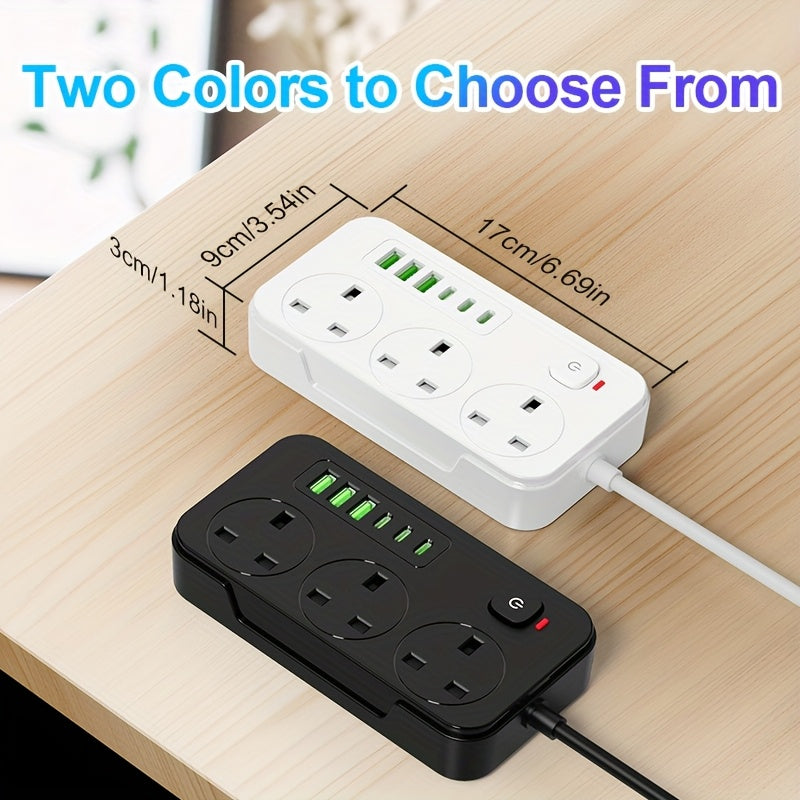 Power Strip with 3 AC Outlets, 6 USB Ports & 2M Extension Cable – 13A (UK)