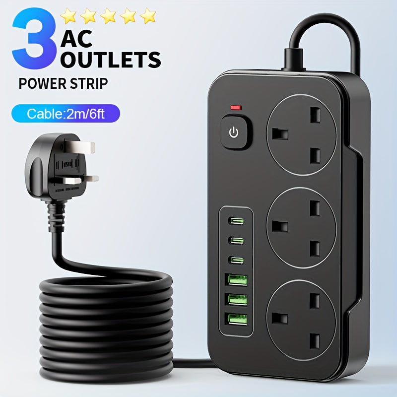 Power Strip with 3 AC Outlets, 6 USB Ports & 2M Extension Cable – 13A (UK)