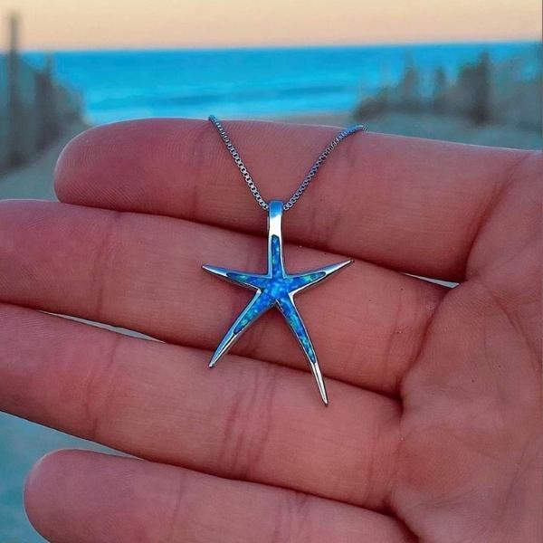 Silver necklace with blue opal and starfish detail