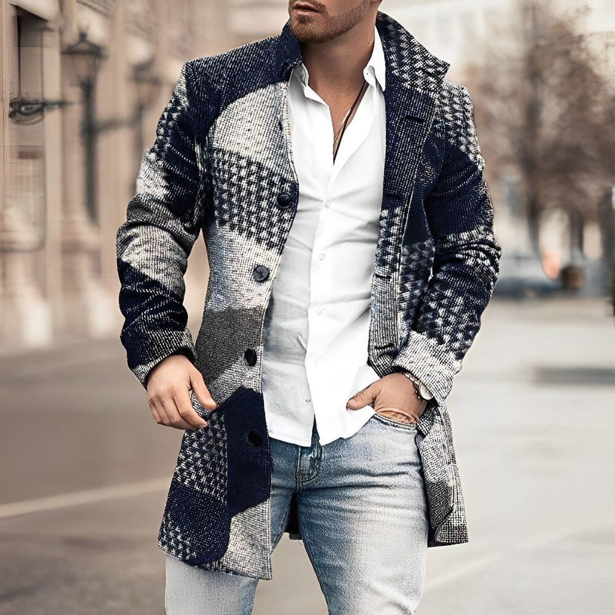 Men's Houndstooth Checkered Long Coat