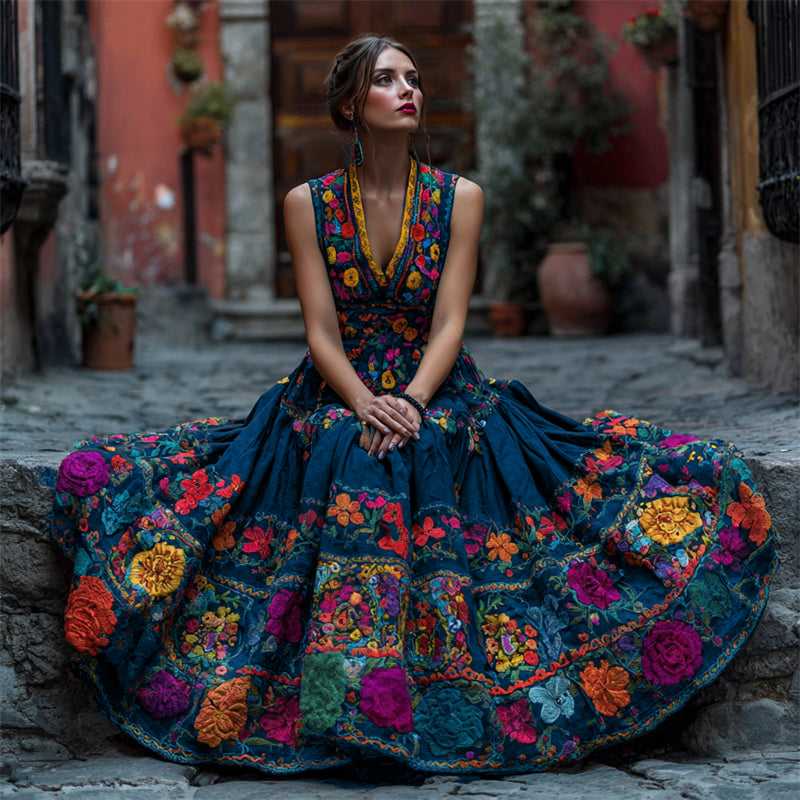 Women's Sleeveless Maxi Dress with Floral V-Neck for Parties and Special Occasions