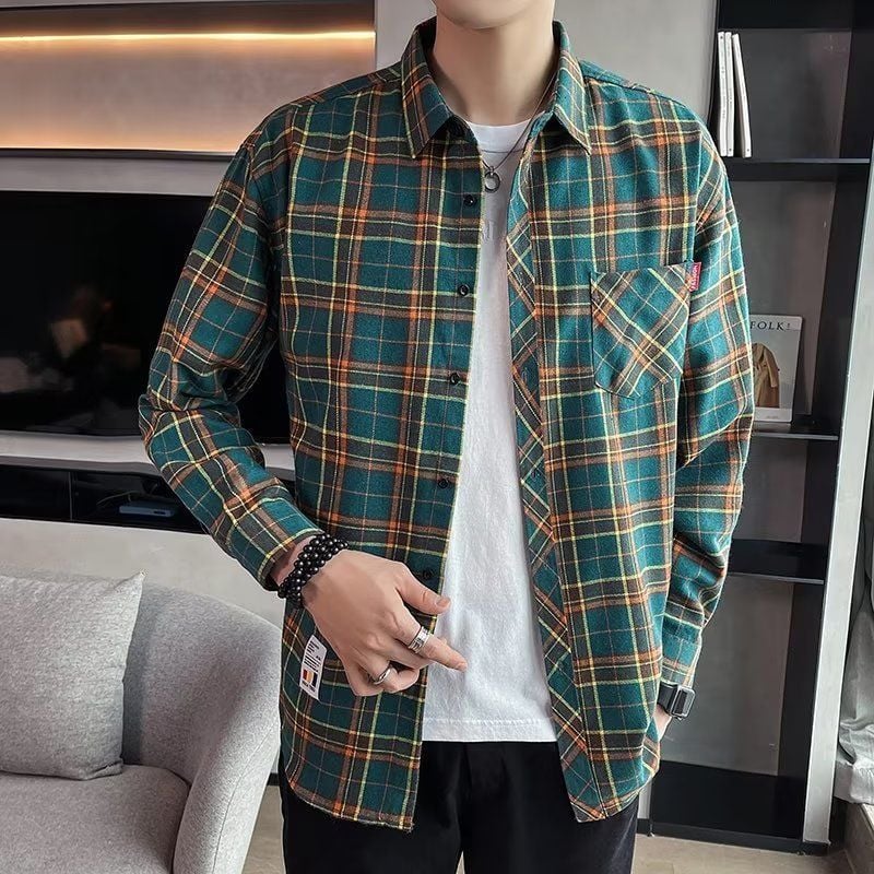 Men's Spring Long-Sleeve Check Shirt, Fitted