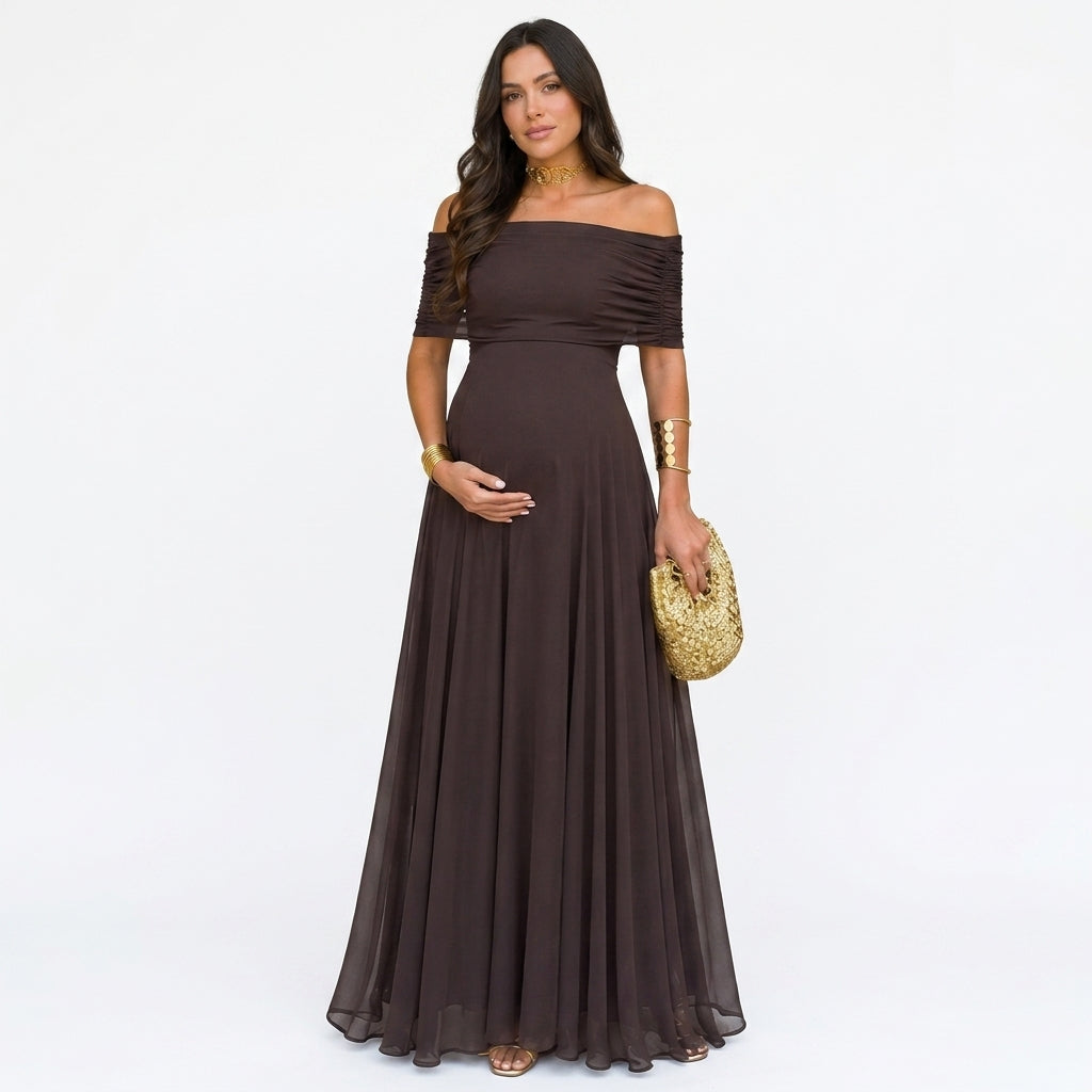 Off-the-Shoulder Floral Maternity Maxi Dress for Baby Showers and Photo Shoots