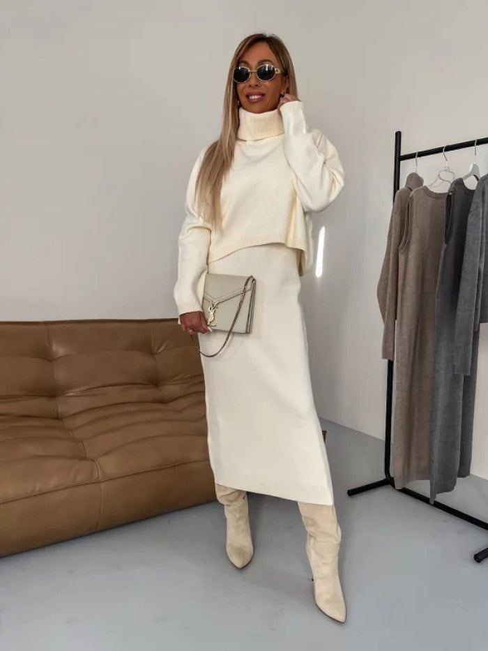 Women's Two-Piece Winter Knitwear Set with Polo Neck and Long Sleeveless Dress