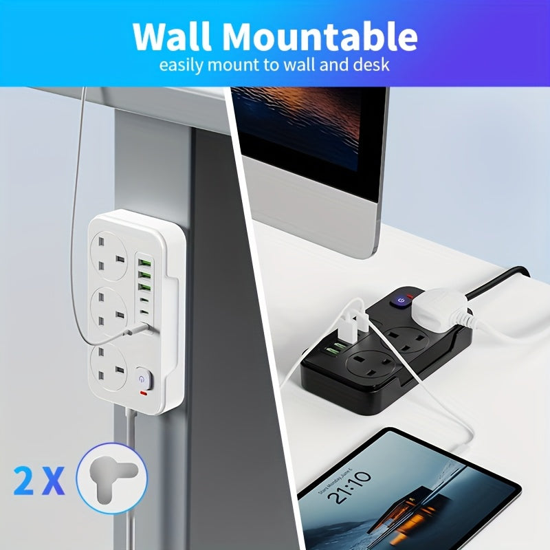 Power Strip with 3 AC Outlets, 6 USB Ports & 2M Extension Cable – 13A (UK)