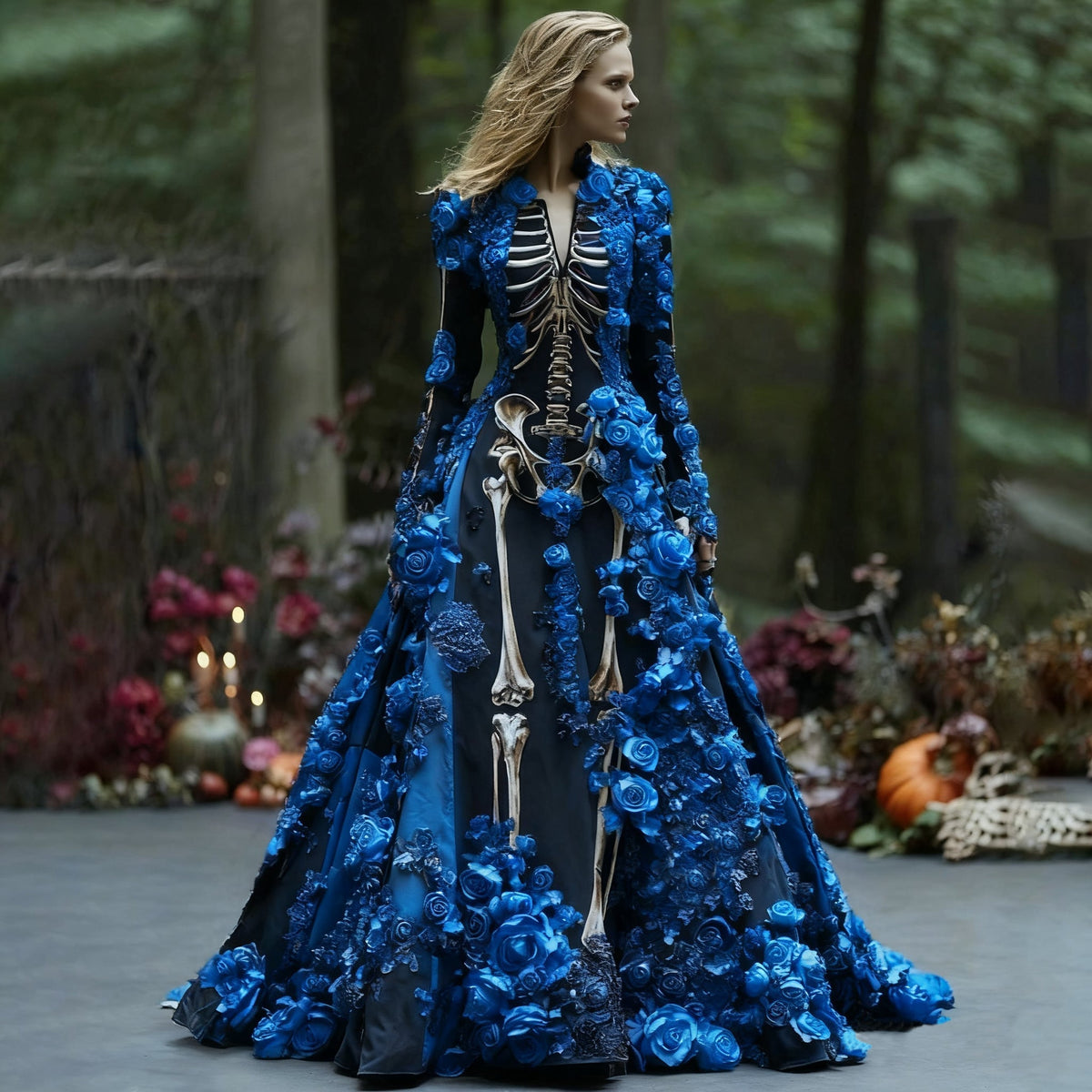 Women's Maxi Dress with Long Sleeves and Skeleton Flower Print for Halloween Parties