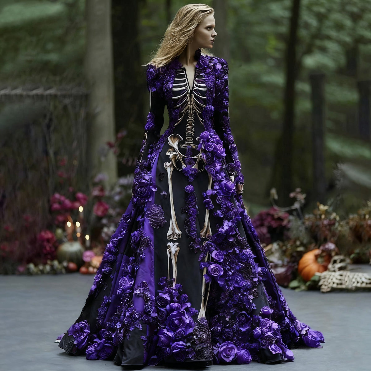 Women's Maxi Dress with Long Sleeves and Skeleton Flower Print for Halloween Parties