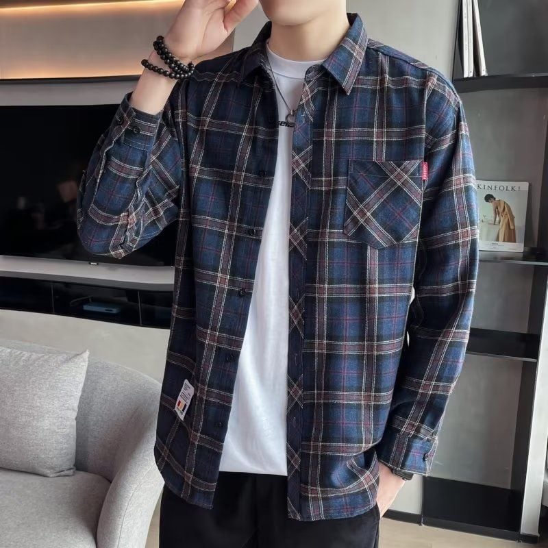 Men's Spring Long-Sleeve Check Shirt, Fitted