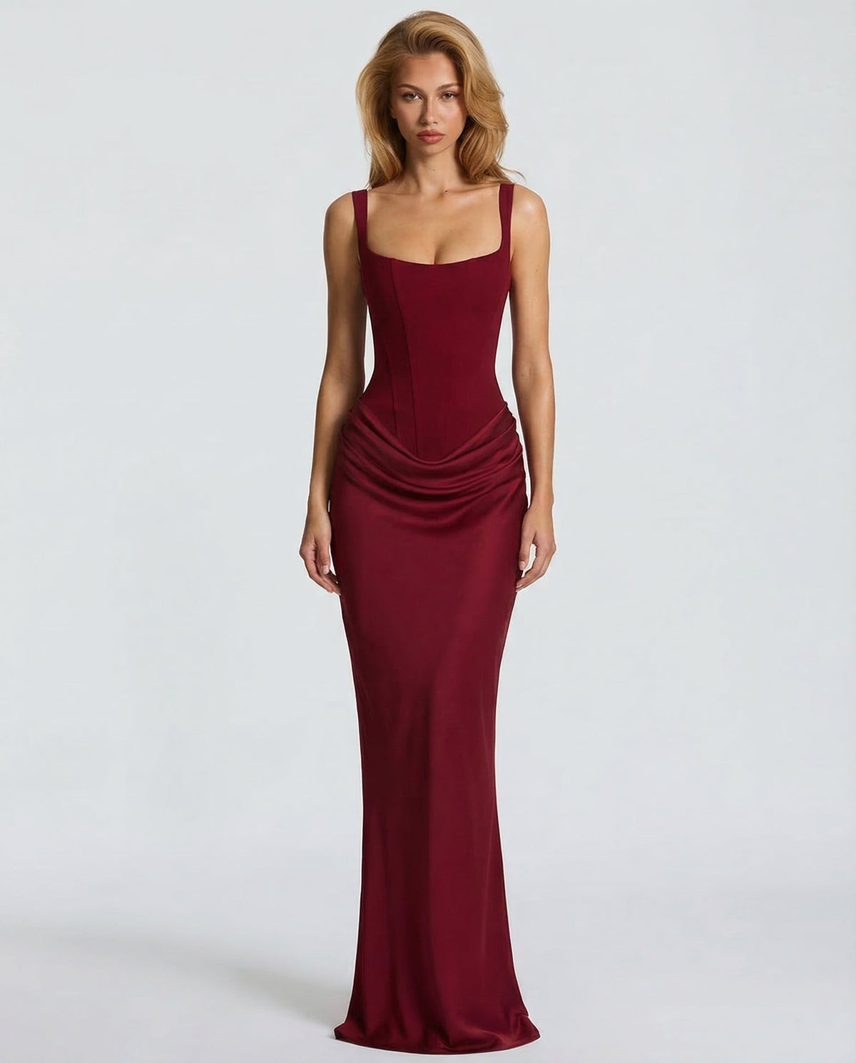 Women's Maxi Corset Dress with Draped Waist and Sculpted Silhouette
