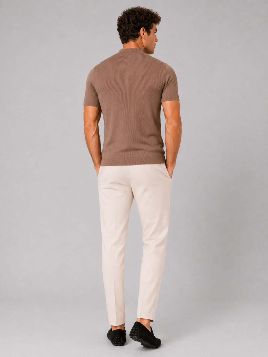 Men's ribbed T-shirt with stand-up collar – fitted stretch short-sleeved top