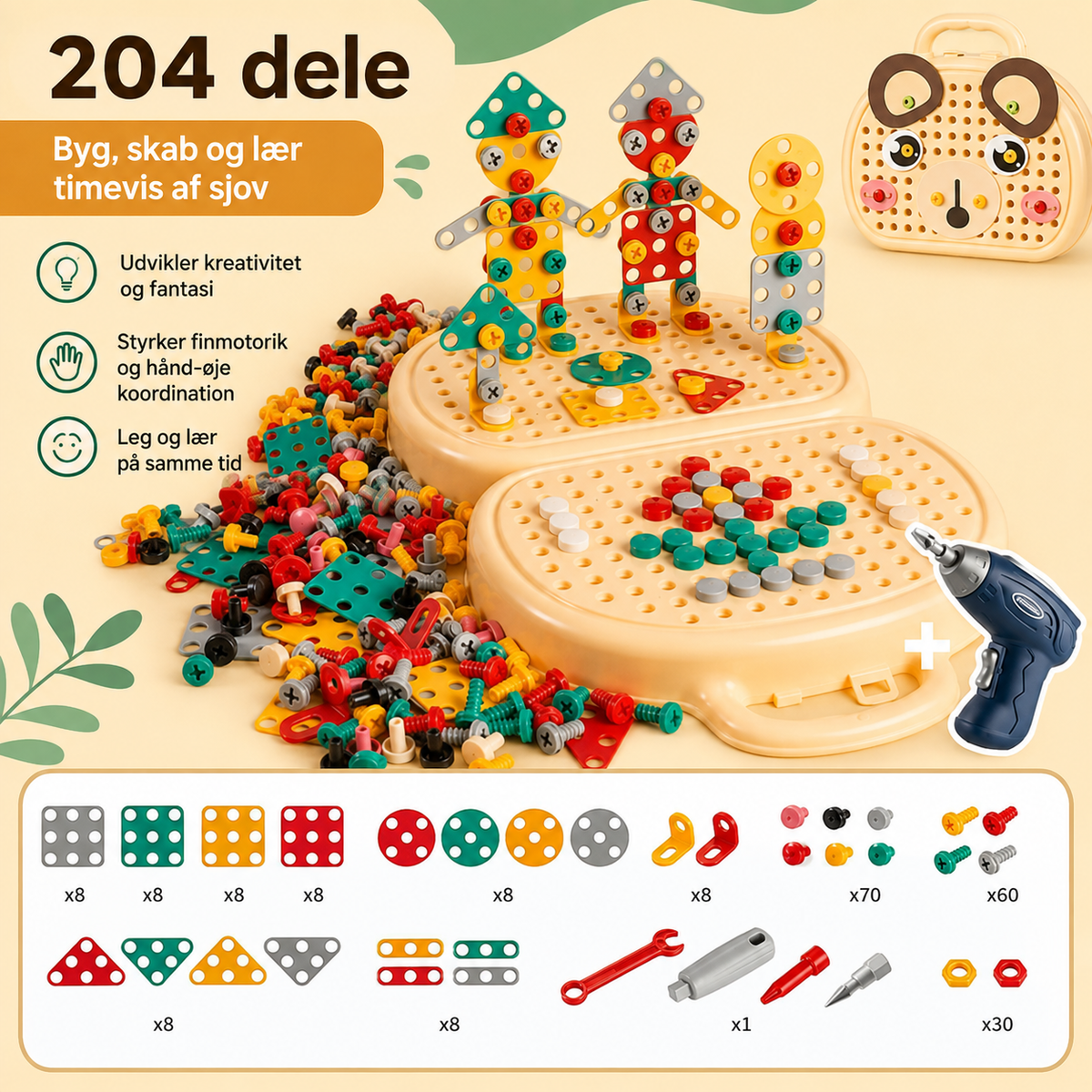 Montessori toolbox set for children with toy drill, 204 pieces
