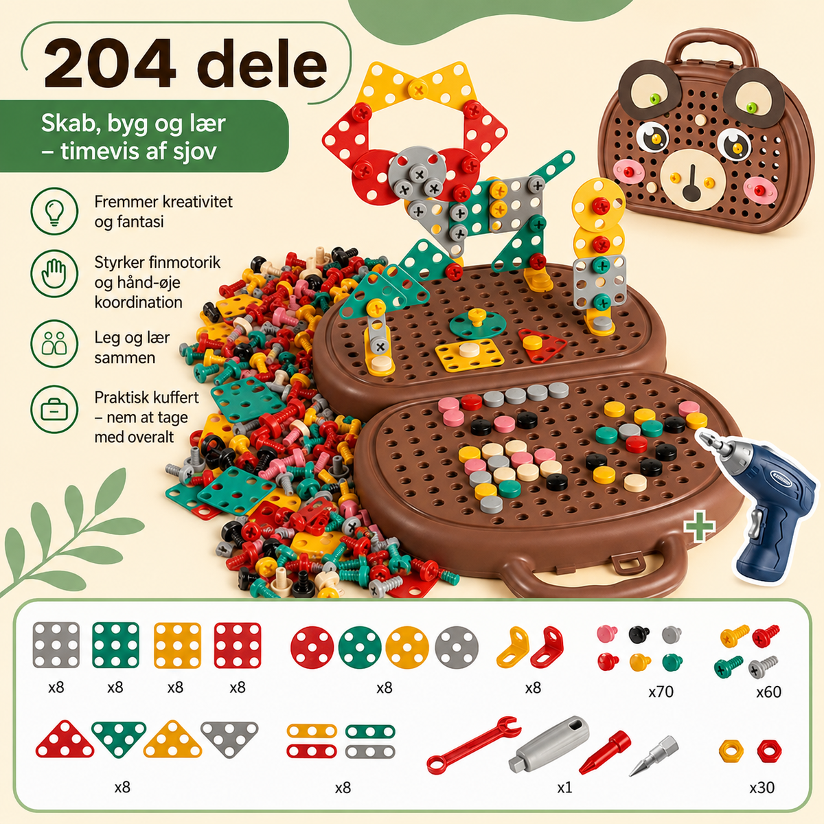 Montessori toolbox set for children with toy drill, 204 pieces