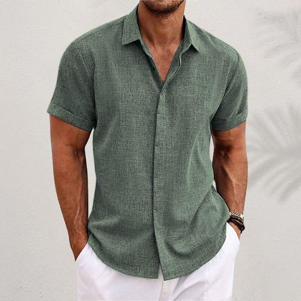 Classic Men's Short-Sleeve Shirt with Button Placket and Flared Collar
