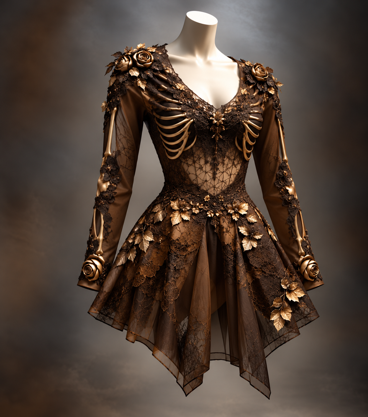 Women's Gothic Long-Sleeve V-Neck Mini Dress with Bone and Floral Detail