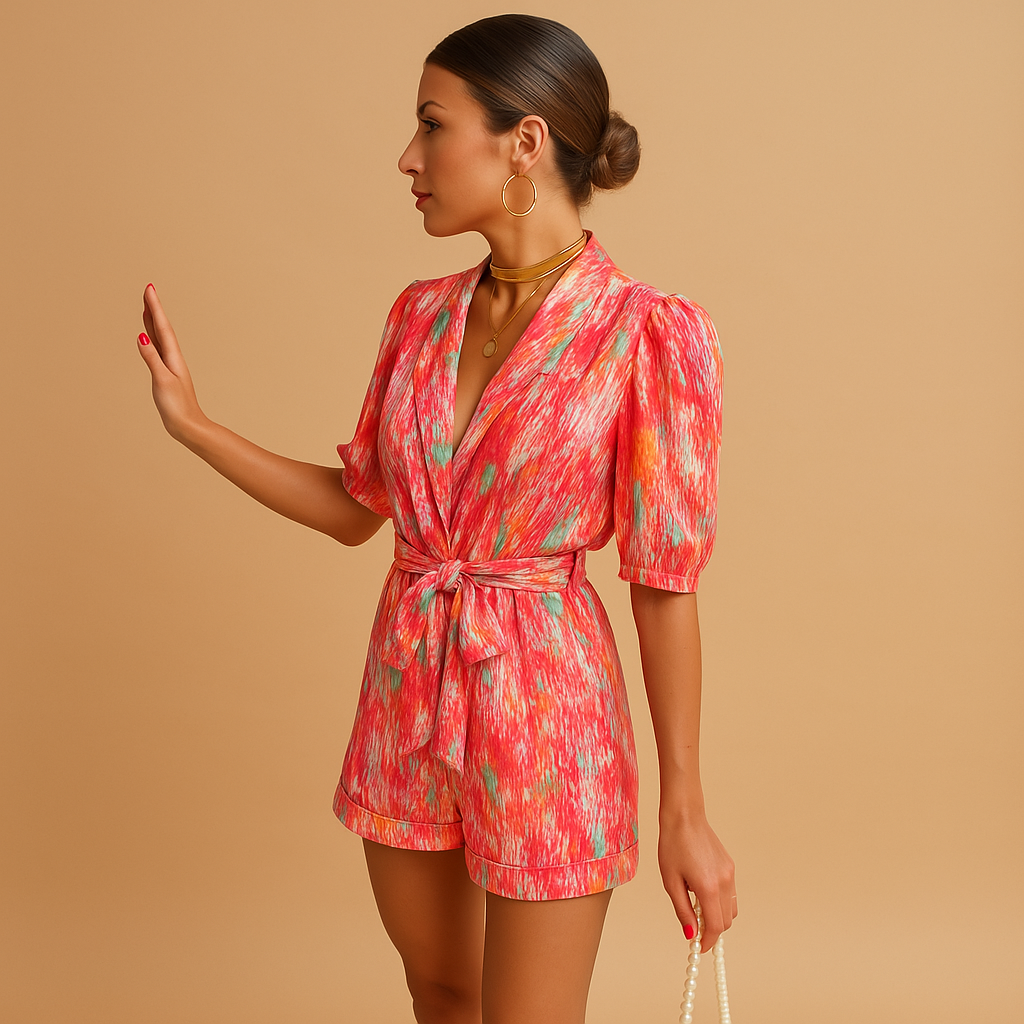 Short Jumpsuit with Belt and Vibrant Print for Women