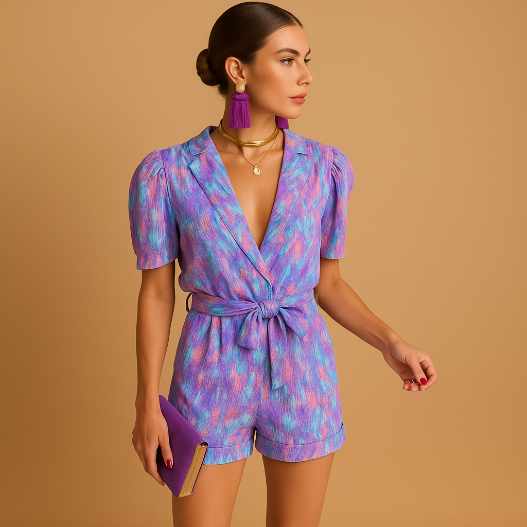 Short Jumpsuit with Belt and Vibrant Print for Women