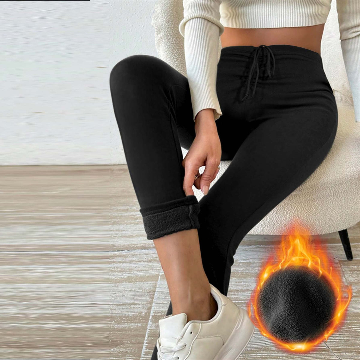 Women's Fleece-lined Leggings with High Waist and Drawstring