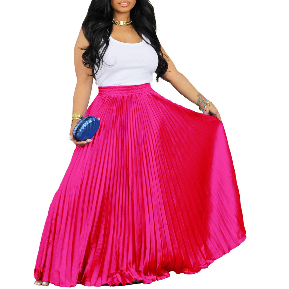 Pleated maxi skirt for women with elastic waist and elegant pleated draping