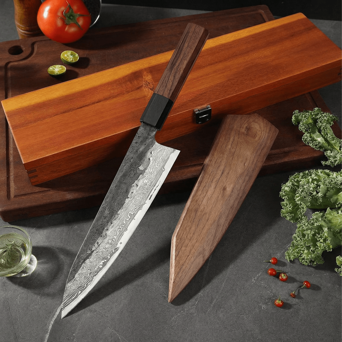 Kiritsuke knife, stainless steel blade, ironwood handle, 8.5 inch