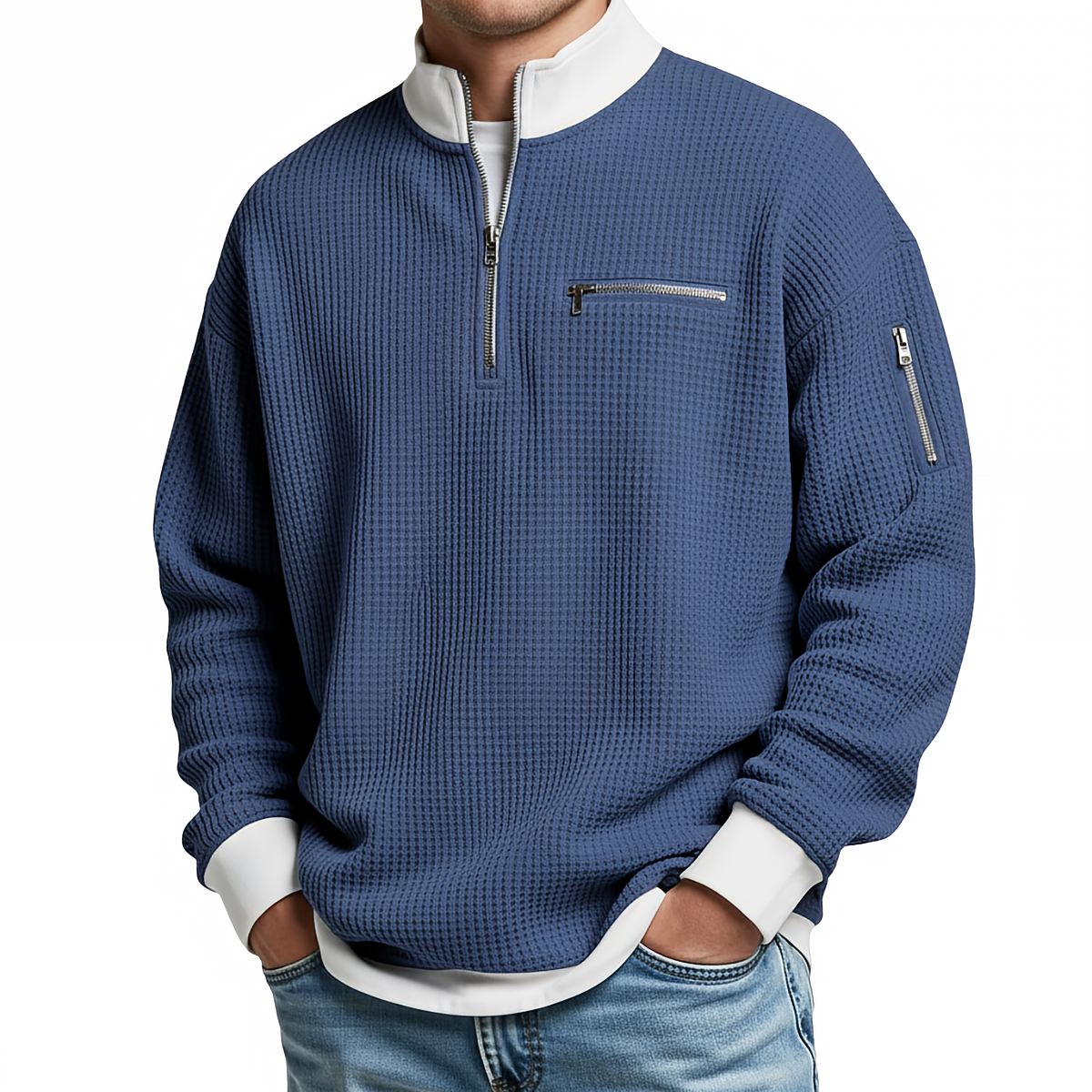 Men's waffle-knit jumper with 1/4 zip at the collar