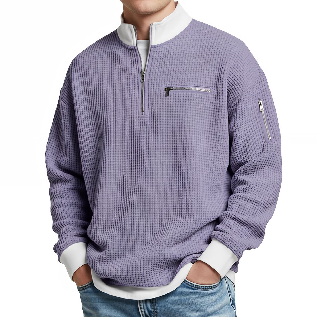 Men's waffle-knit jumper with 1/4 zip at the collar