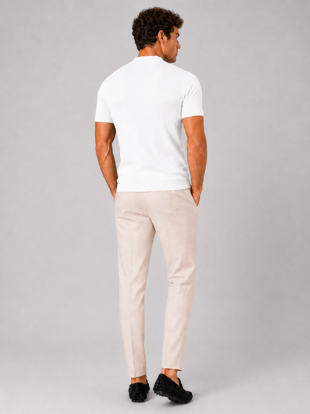 Men's ribbed T-shirt with stand-up collar – fitted stretch short-sleeved top