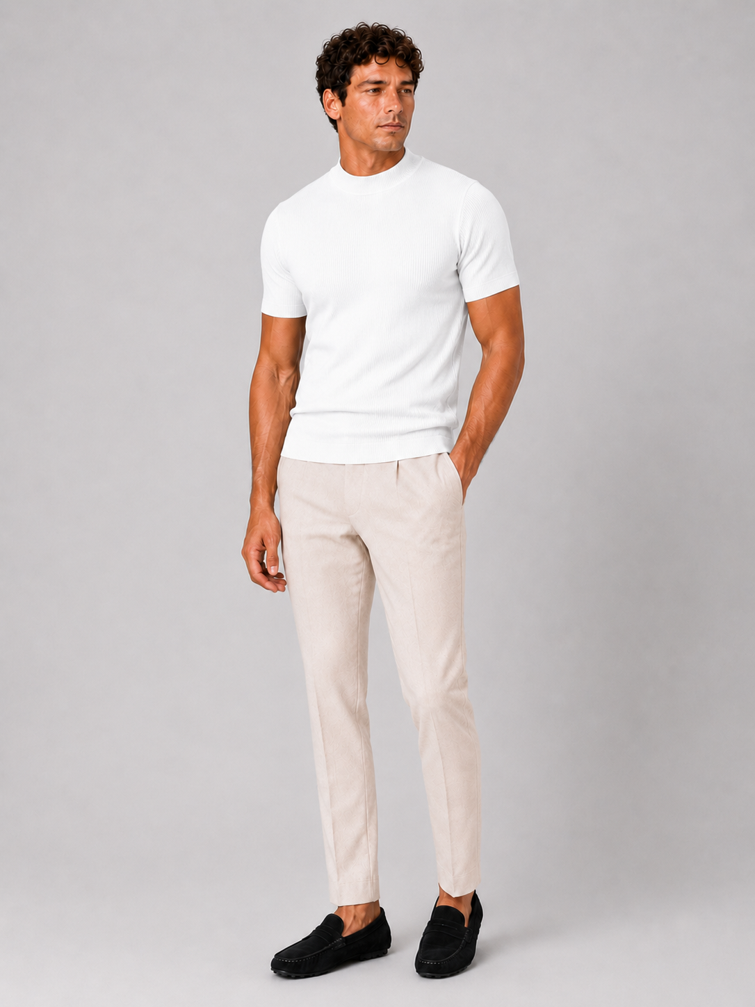 Men's ribbed T-shirt with stand-up collar – fitted stretch short-sleeved top