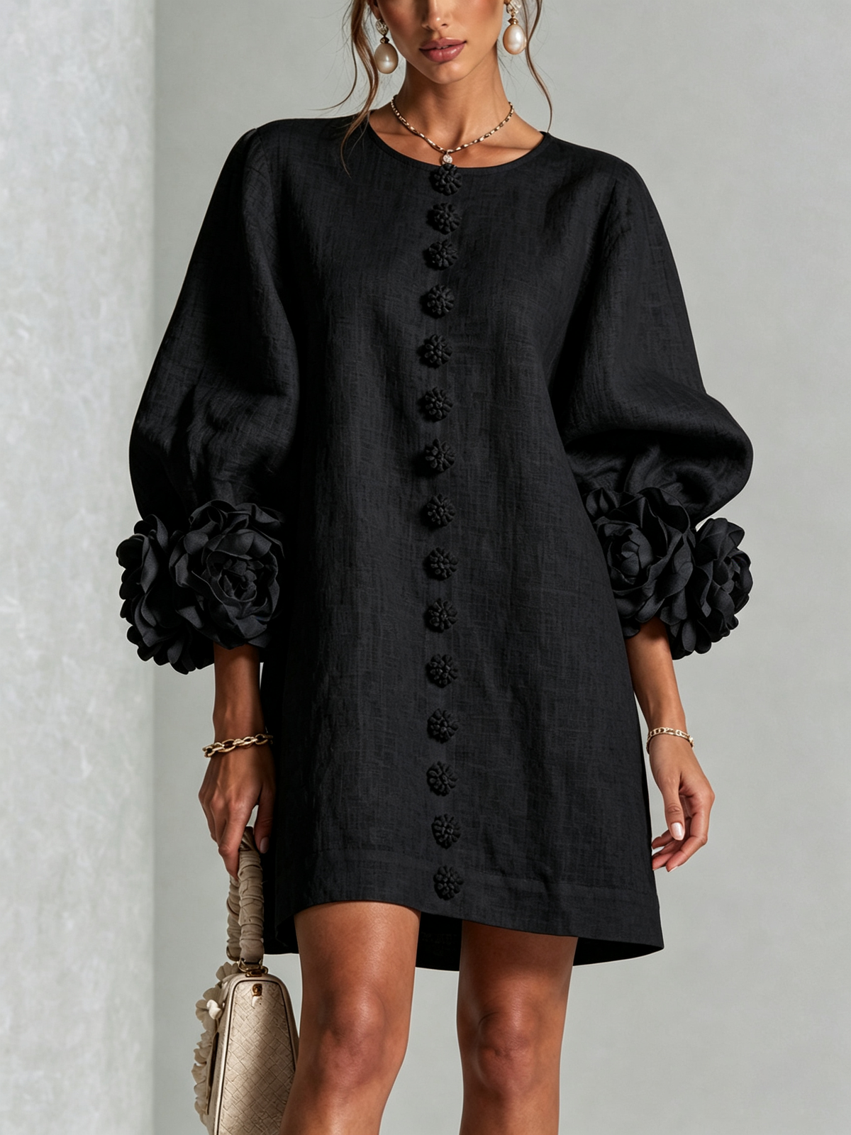 Women's Linen Tunic Mini Dress with Long Puff Sleeves