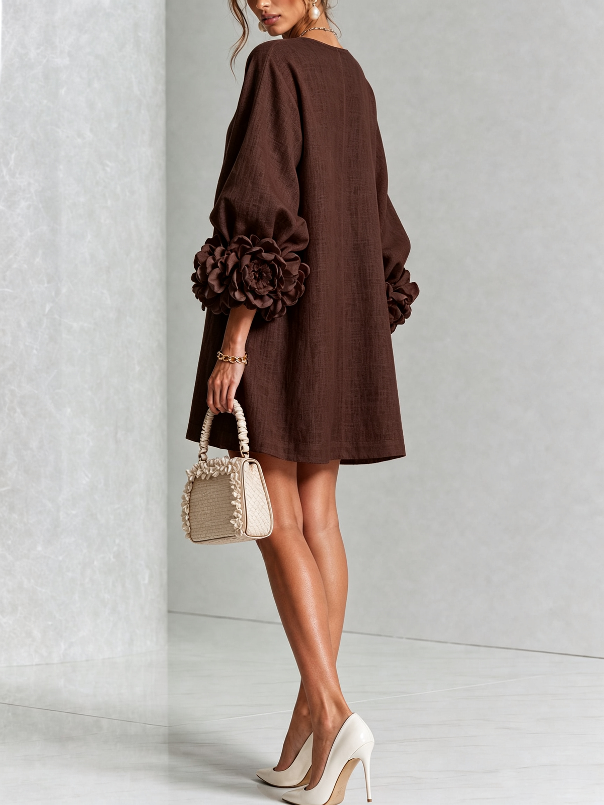 Women's Linen Tunic Mini Dress with Long Puff Sleeves