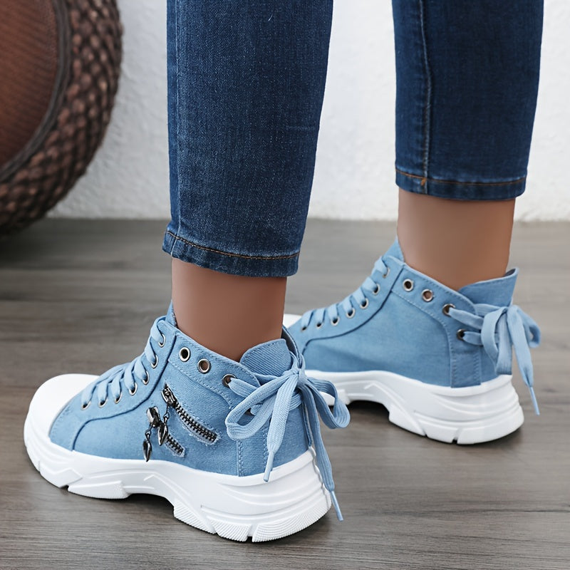 Women's Platform Trainers with Raised Sole, Lacing and Side Zip