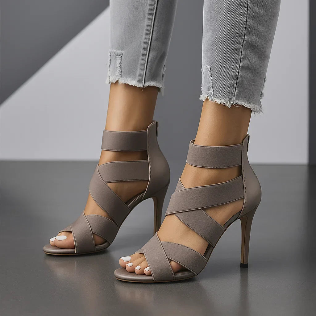 Women's Stiletto Heels with Stretchy Crossover Straps and Back Zip