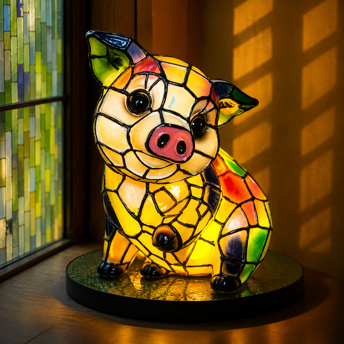 Vintage Stained Glass Animal Table Lamp with Mosaic Panels