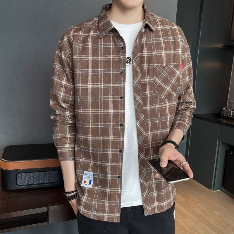 Men's Spring Long-Sleeve Check Shirt, Fitted