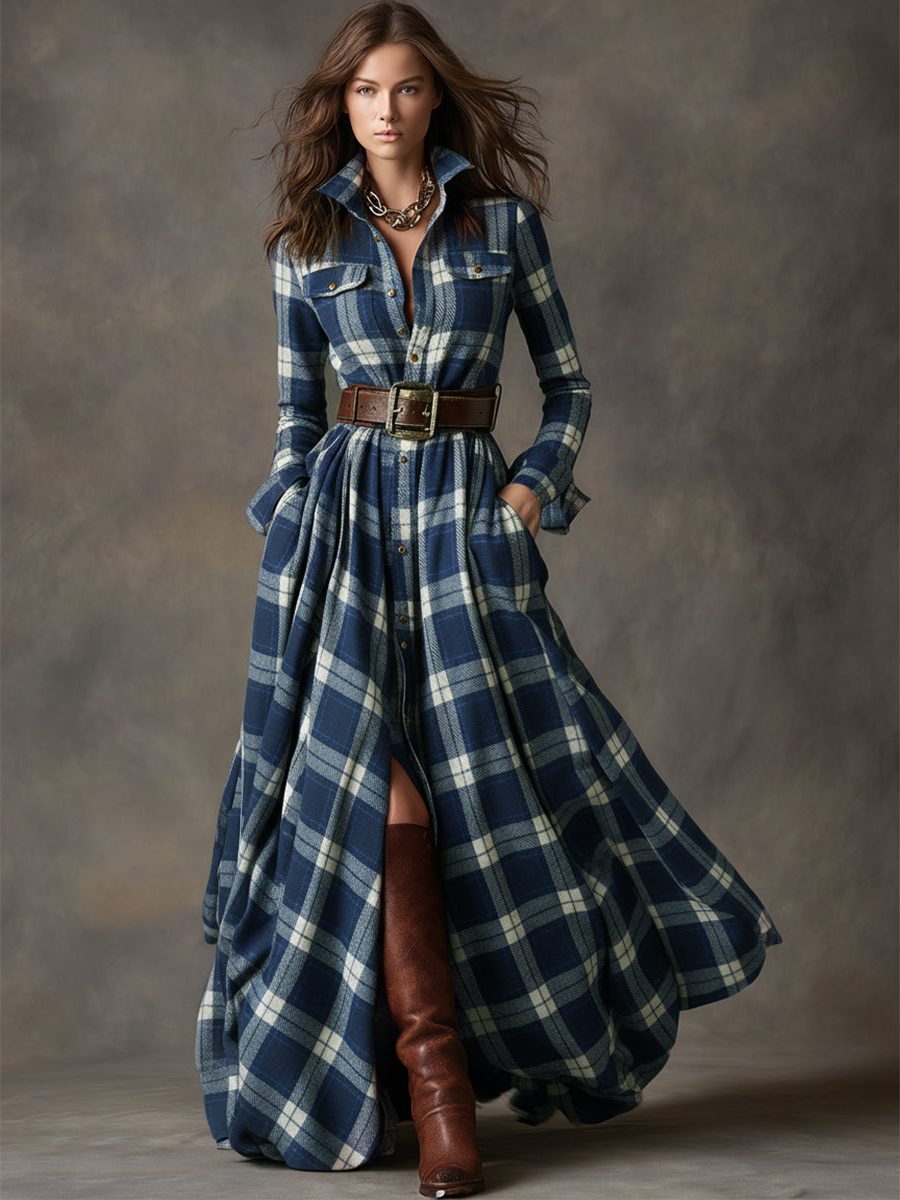 Plaid Shirt Dress with Belt for Women