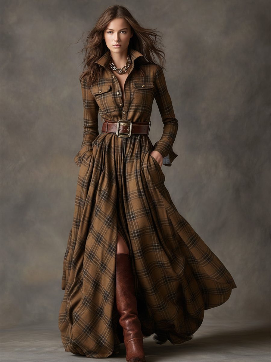 Plaid Shirt Dress with Belt for Women
