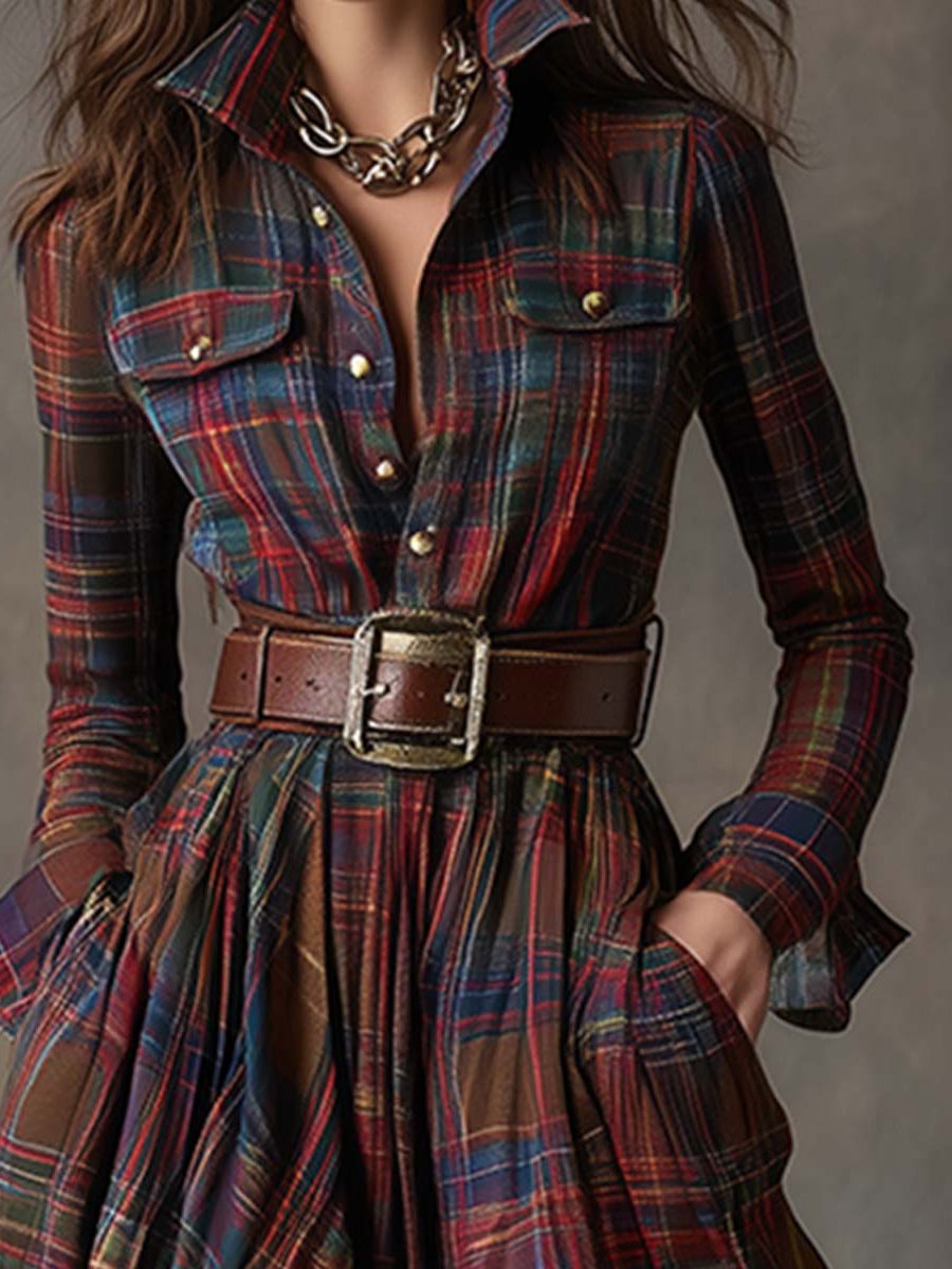 Plaid Shirt Dress with Belt for Women