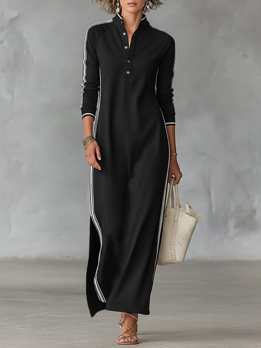 Maxi Sweatshirt Dress with Button-Down Collar for Women
