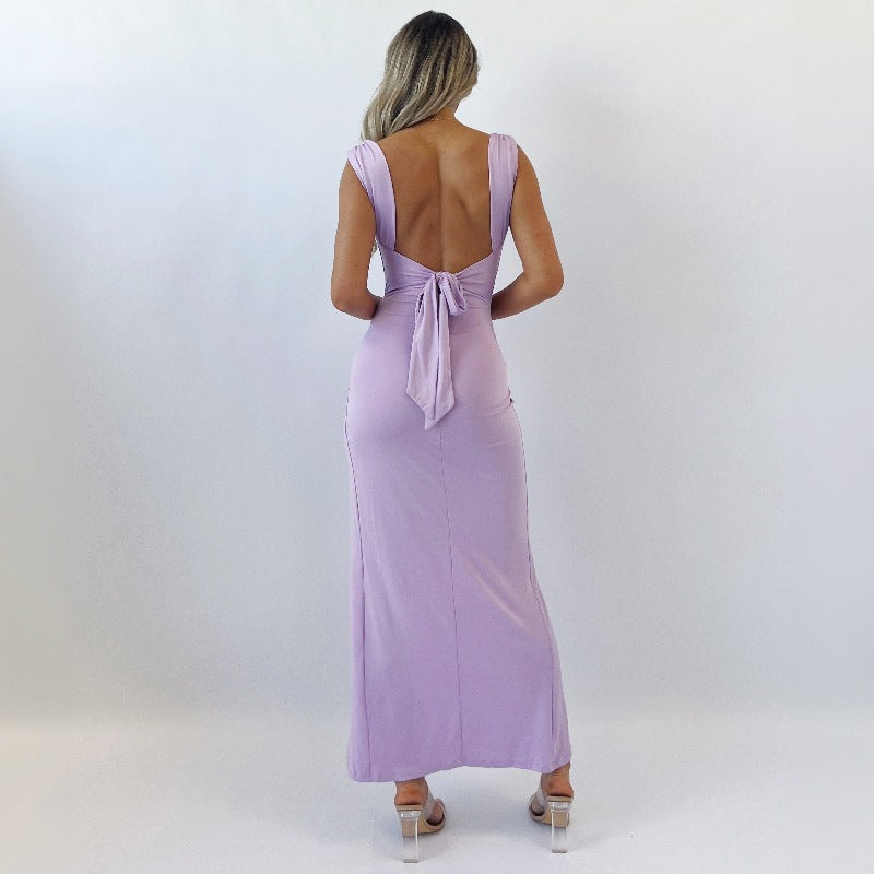 Women's Spring-Summer Sleeveless Fitted Dress with Raised Waist, Side Slit and Tie Back