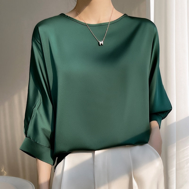 Women's Summer Relaxed-Fit Top with Round Neck, 3/4 Sleeves, Cropped Cut and Ice Silk Satin Finish