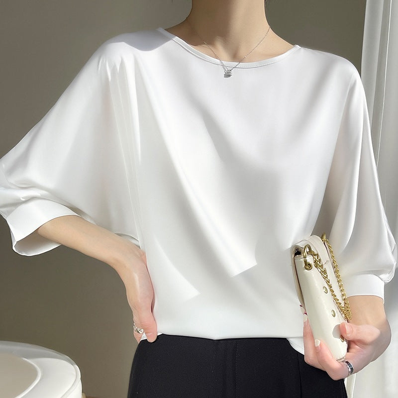 Women's Summer Relaxed-Fit Top with Round Neck, 3/4 Sleeves, Cropped Cut and Ice Silk Satin Finish