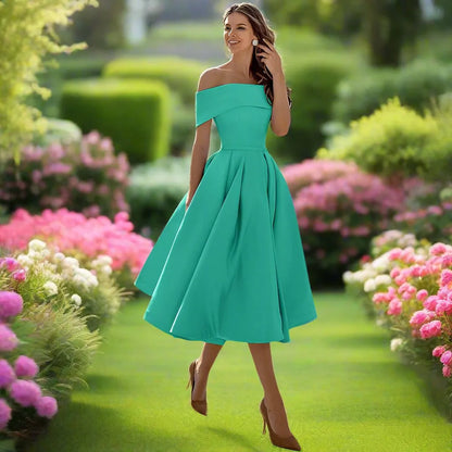 Women's Summer Strapless Midi Dress in a Satin Blend with a Flowing Cut