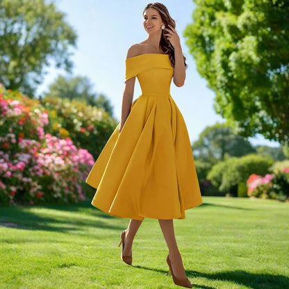 Women's Summer Strapless Midi Dress in a Satin Blend with a Flowing Cut