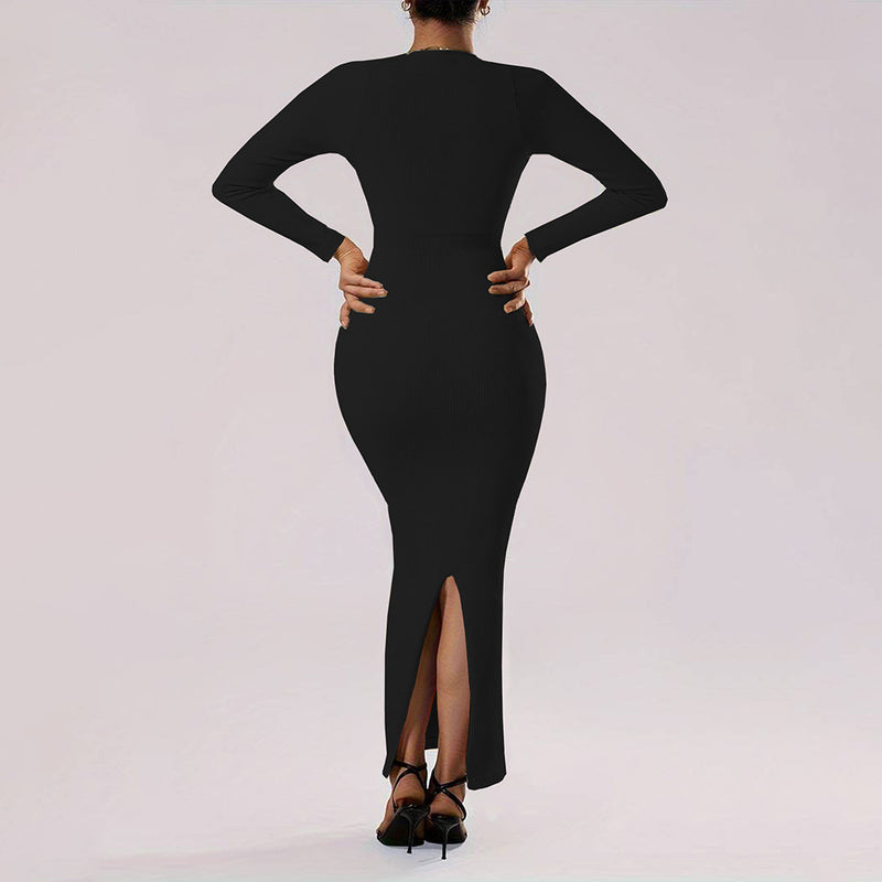 Women's Autumn and Winter Pencil Dress with Square Neckline and Long Sleeves