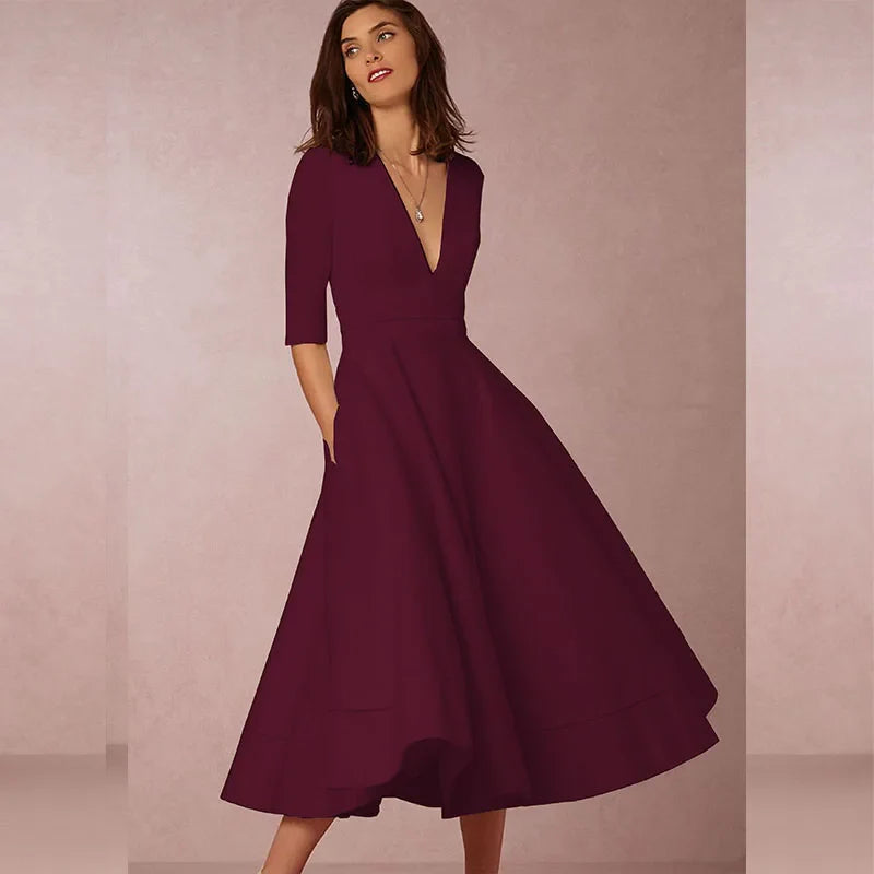 Women's Spring and Autumn A-Line Dress with Flared Skirt and Defined Waist