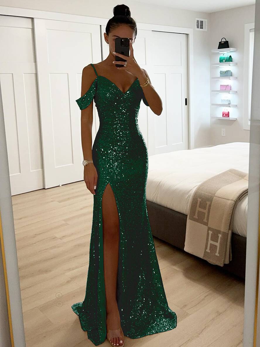 Women's Spring Sleeveless Maxi Dress with V-Neck, Sequins and Slit