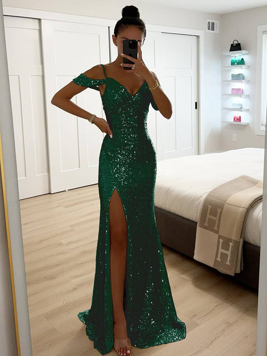 Women's Spring Sleeveless Maxi Dress with V-Neck, Sequins and Slit