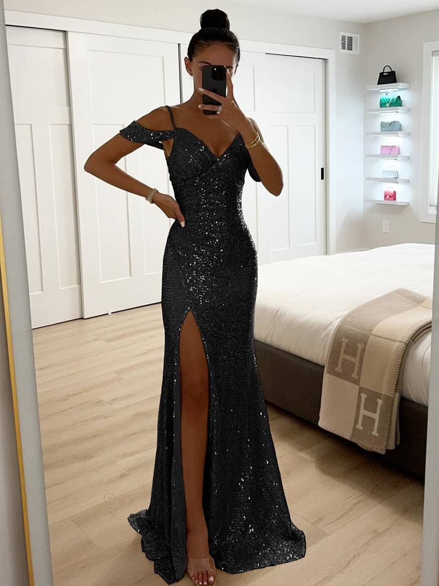 Women's Spring Sleeveless Maxi Dress with V-Neck, Sequins and Slit