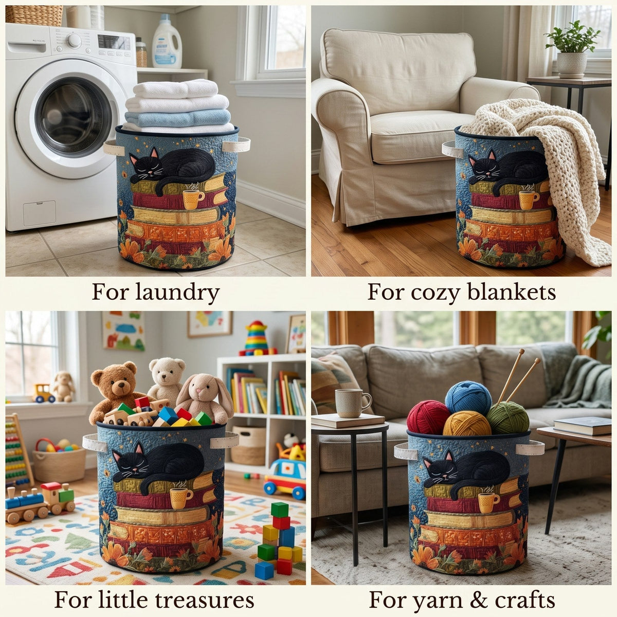 Quilted cat library laundry basket with handles, foldable laundry basket in 3 sizes